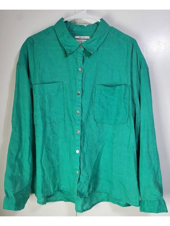 Rachel Zoe Tops - Rachel Zoe Women's XL Green 100% Linen Button Up Long Sleeved Blouse
